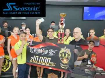 Seasonic PRIME PX PSU powered rigs as the champion lifts a $10 000 winner’s cheque and trophy at the G.SKILL Overclocking World Cup 2025.