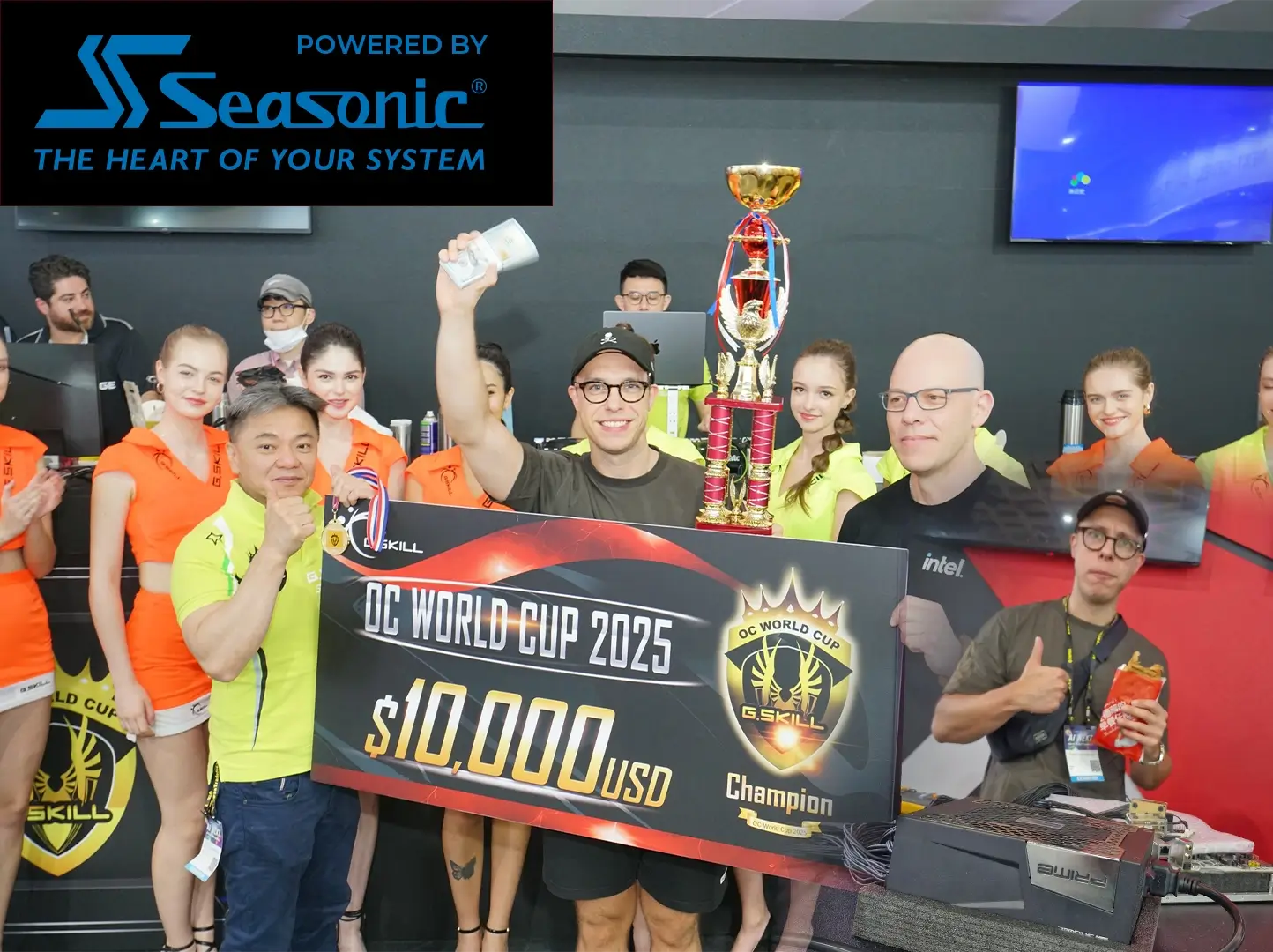 Seasonic PRIME PX PSU powered rigs as the champion lifts a $10 000 winner’s cheque and trophy at the G.SKILL Overclocking World Cup 2025.