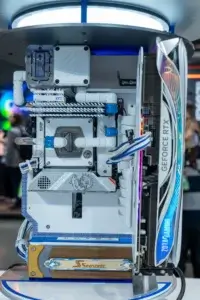 Side panel of the Vertex Dragon Mod featuring Zotac GeForce RTX graphics card and custom liquid cooling.