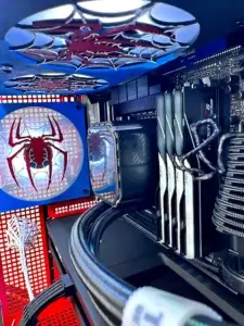 Close-up of Spiderman vs Venom PC build details with custom 3D-printed elements