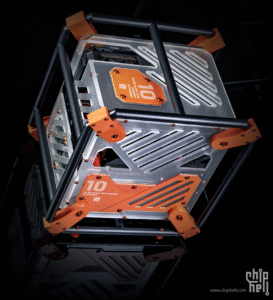 Front angled view of 老邦瓜 Omnipotence Mechanical PC mod powered by Seasonic FOCUS SPX-750 Platinum, showing acrylic and aluminum frame.