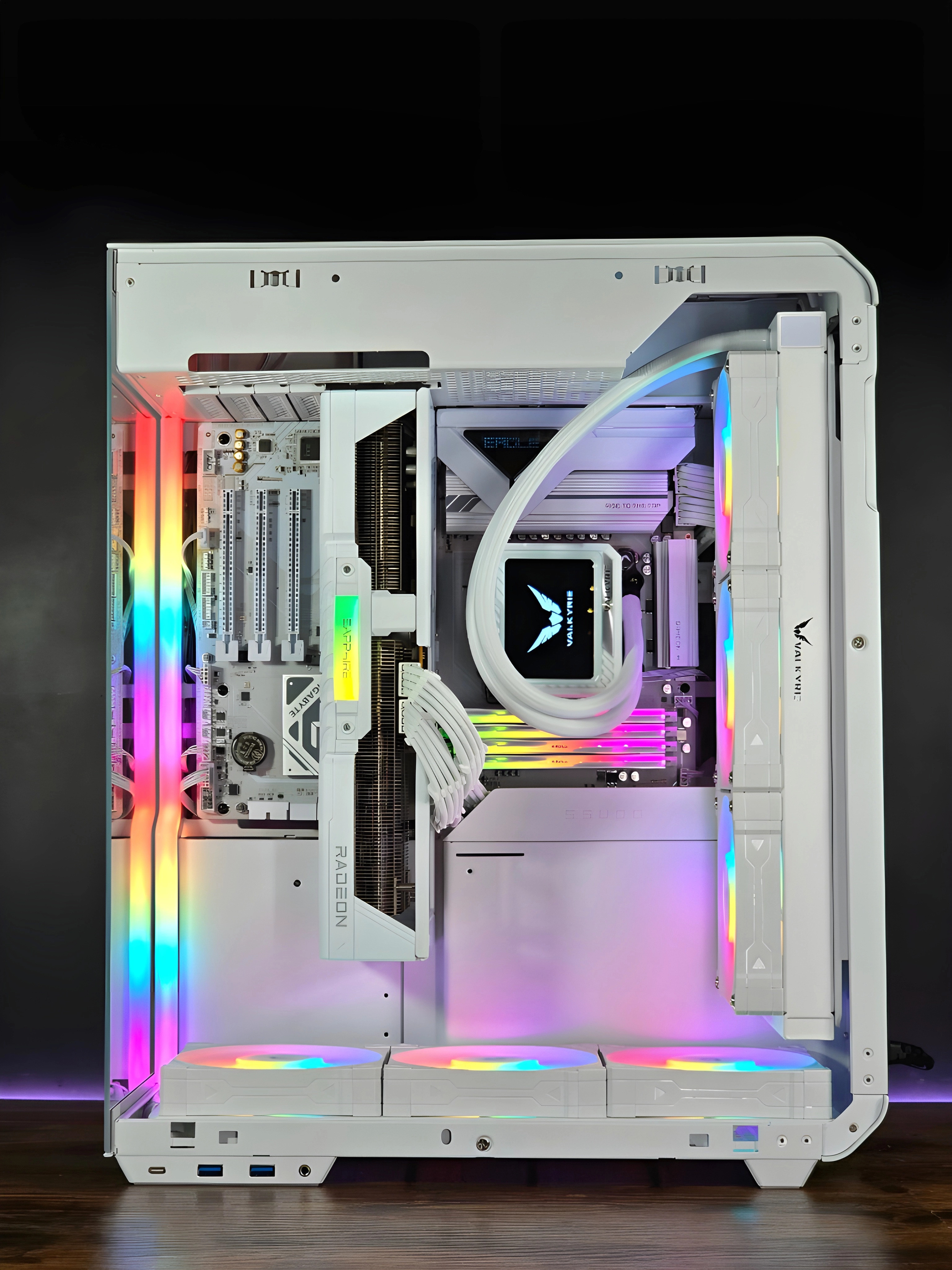 Interior close-up of white modded PC with RGB fans and Seasonic FOCUS GX-1000 White ATX 3.1 PSU