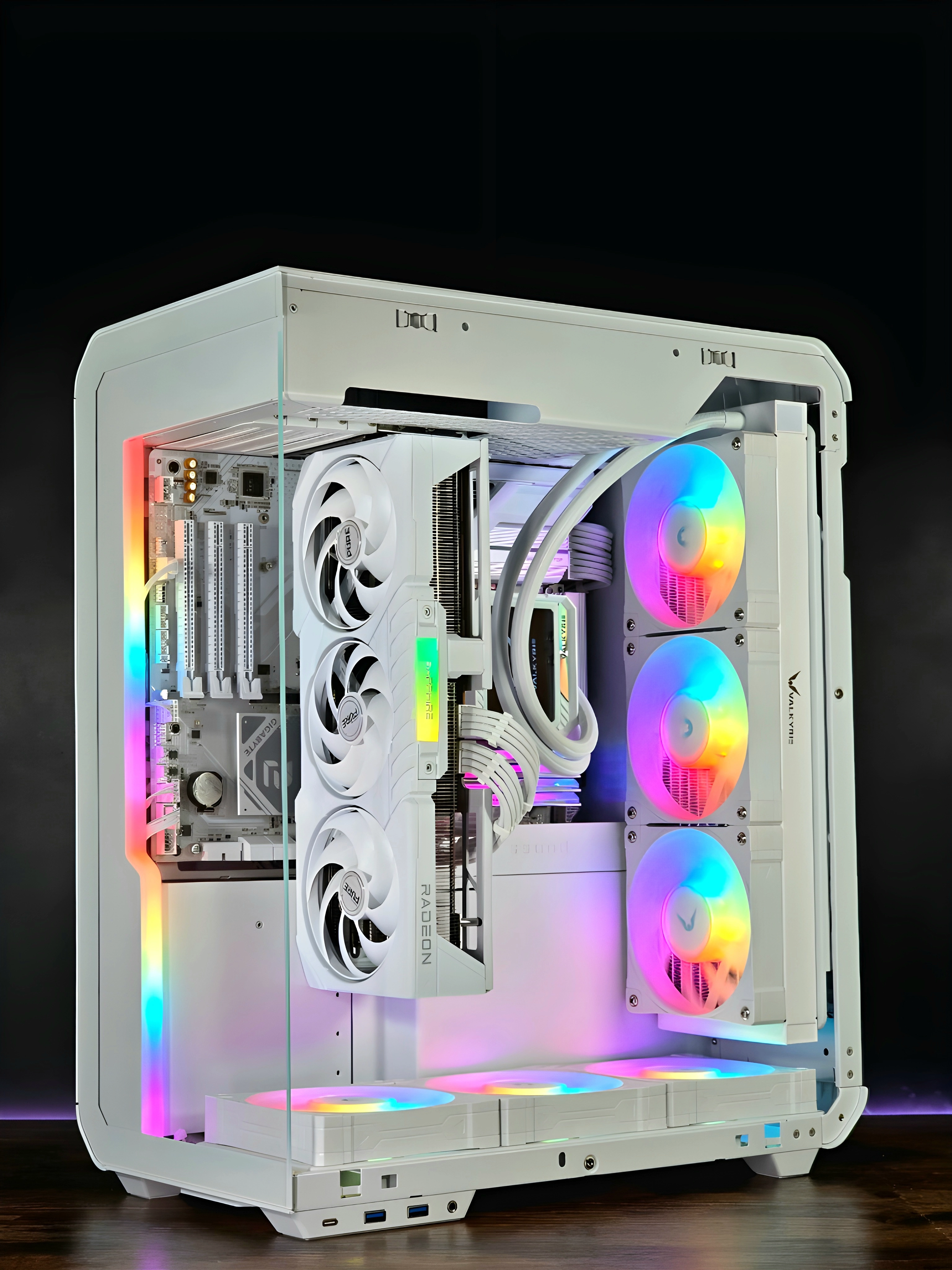 Elegant white case mod showing custom cable sleeving and RGB cooling setup powered by Seasonic FOCUS GX-1000 White ATX 3.1