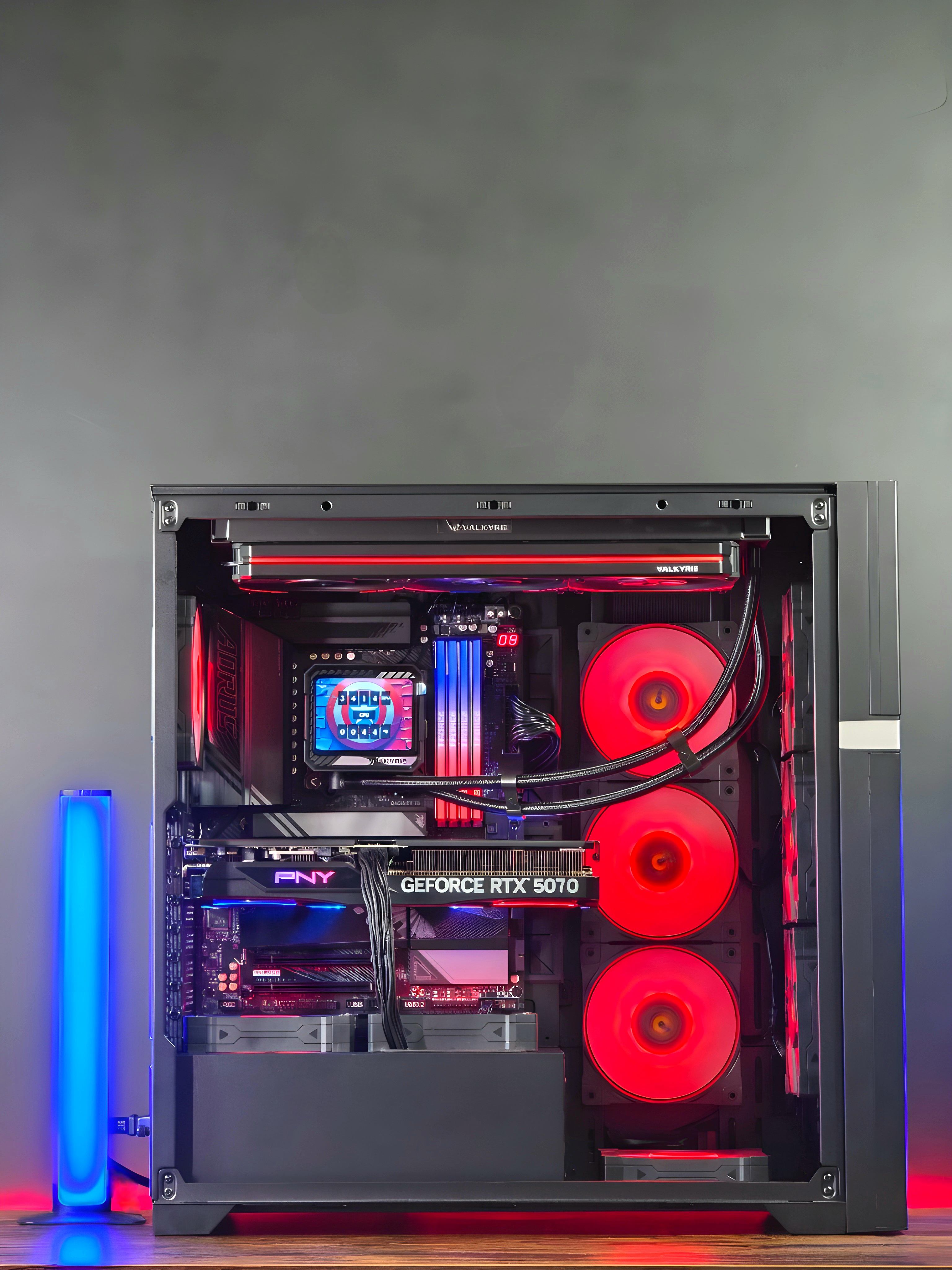 Full setup of Captain America themed PC build by MVP Gaming PC, featuring red and blue RGB and Seasonic PSU