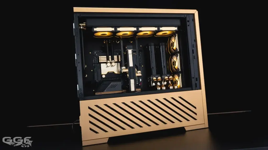 Gold-accented custom water-cooled PC build by Stuart Tonks