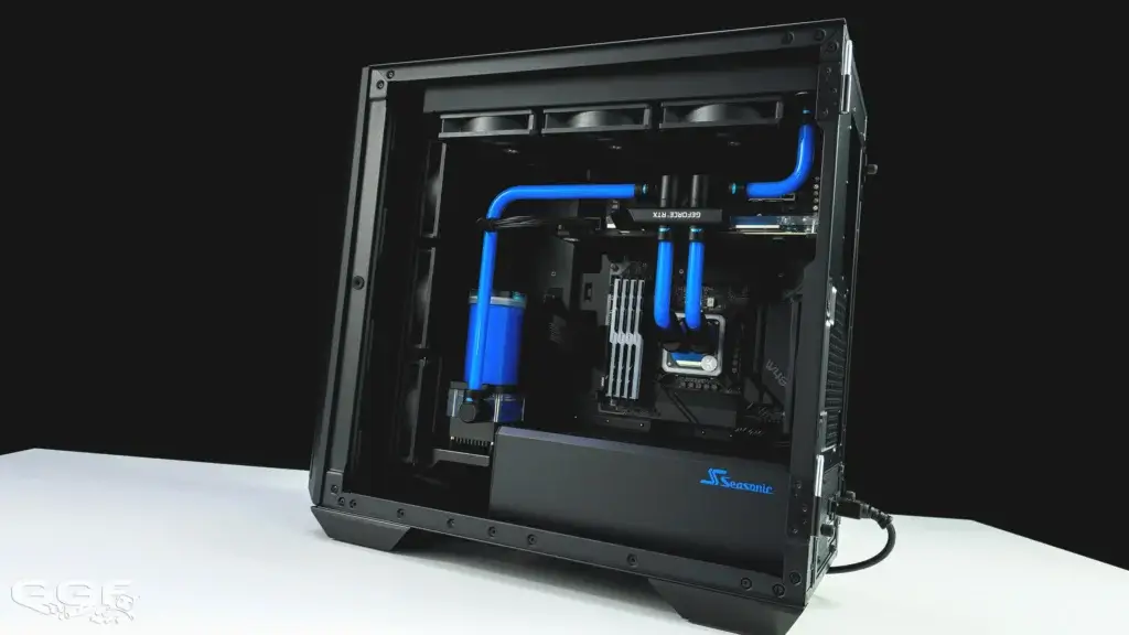 Close-up of cooling loop and fittings in the Seasonic SYNCRO build