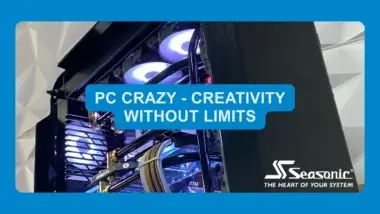 Custom water-cooled PC build by PC Crazy showcasing polished tubing, RGB lighting, and Seasonic power.