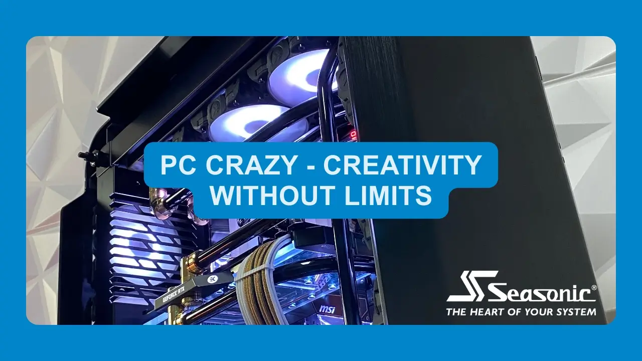 Custom water-cooled PC build by PC Crazy showcasing polished tubing, RGB lighting, and Seasonic power.