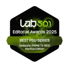 Lab501 Editorial Award 2025 badge for Best PSU Series awarded to the Seasonic PRIME TX-1600 Noctua Edition.