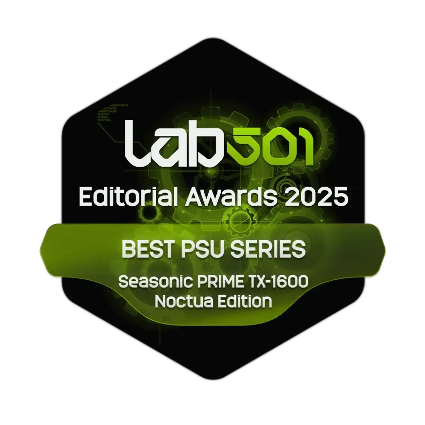 Lab501 Editorial Award 2025 badge for Best PSU Series awarded to the Seasonic PRIME TX-1600 Noctua Edition.