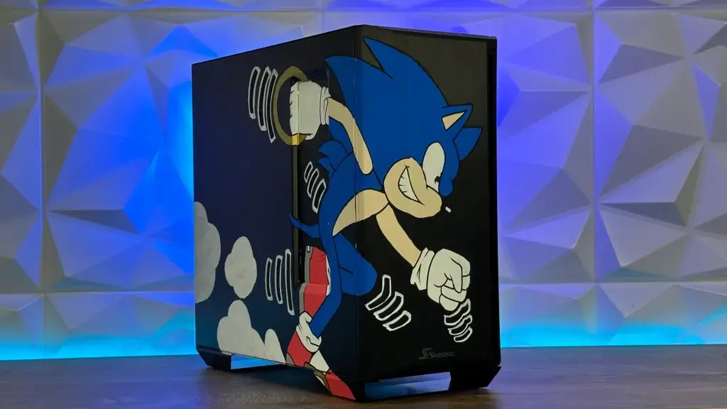 Side panel of a custom Sonic PC build showing hand-painted Sonic artwork with Seasonic branding.
