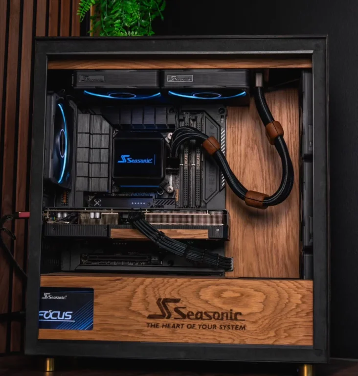 Oak Block custom PC mod by Aguel Design featuring natural wood panels and a Seasonic power supply