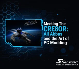 A cinematic view of Ali the CRE8OR's 'The Quasar' spaceship PC mod orbiting Earth, showcasing a custom aerospace-inspired chassis powered by Seasonic.