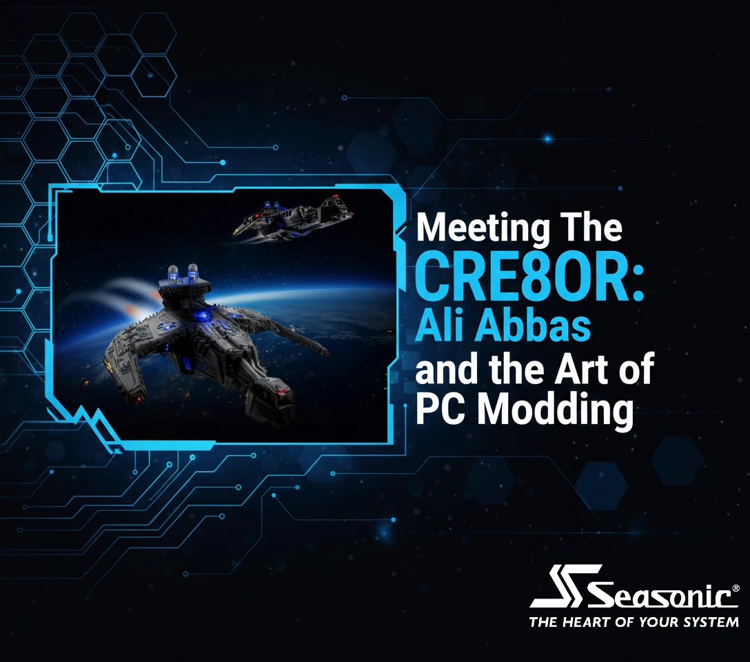 A cinematic view of Ali the CRE8OR's 'The Quasar' spaceship PC mod orbiting Earth, showcasing a custom aerospace-inspired chassis powered by Seasonic.