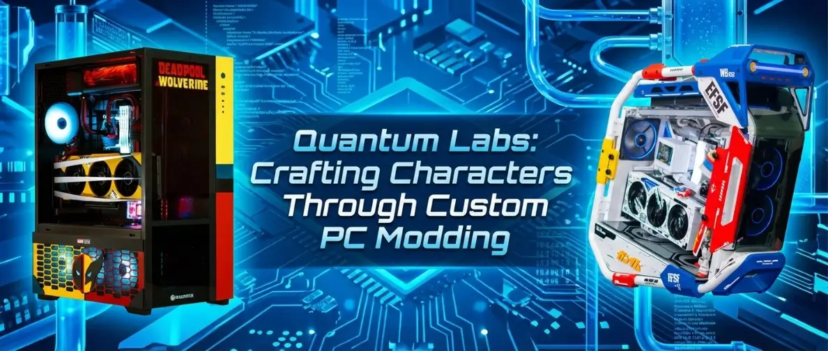 Quantum Labs custom PC modding banner featuring Gundam and Deadpool & Wolverine themed builds