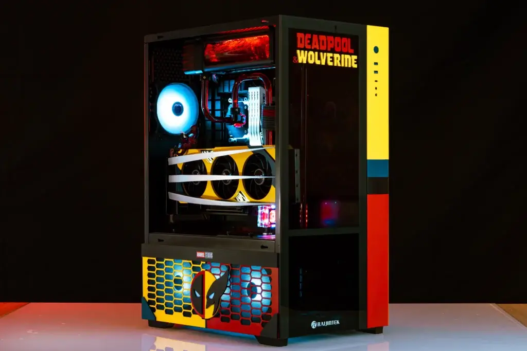 Deadpool and Wolverine themed custom PC build by Quantum Labs with bold red and yellow color design