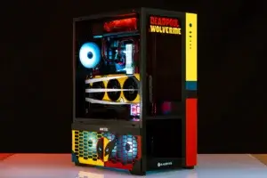 Deadpool and Wolverine themed custom PC build by Quantum Labs with bold red and yellow color design