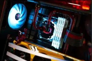 Alternate internal angle of Deadpool and Wolverine themed custom PC build by Quantum Labs