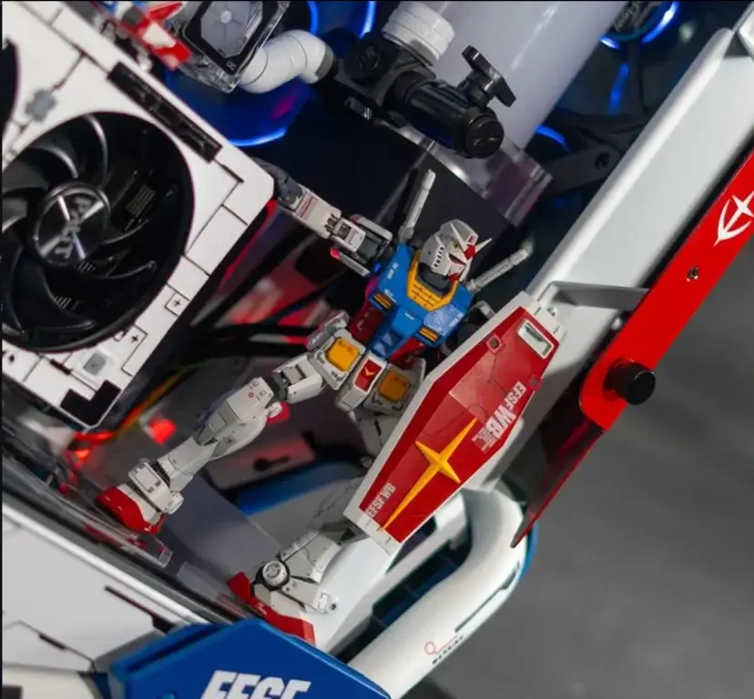 Gundam figure integrated inside a custom PC build by Quantum Labs as part of the themed interior design